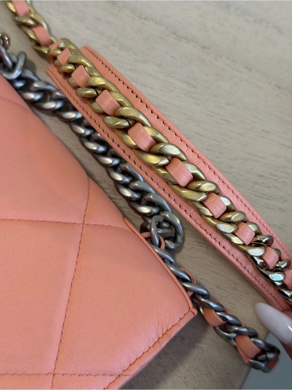 CHANEL 19 Wallet on Chain Salmon Lambskin Quilted mixed metal hardware